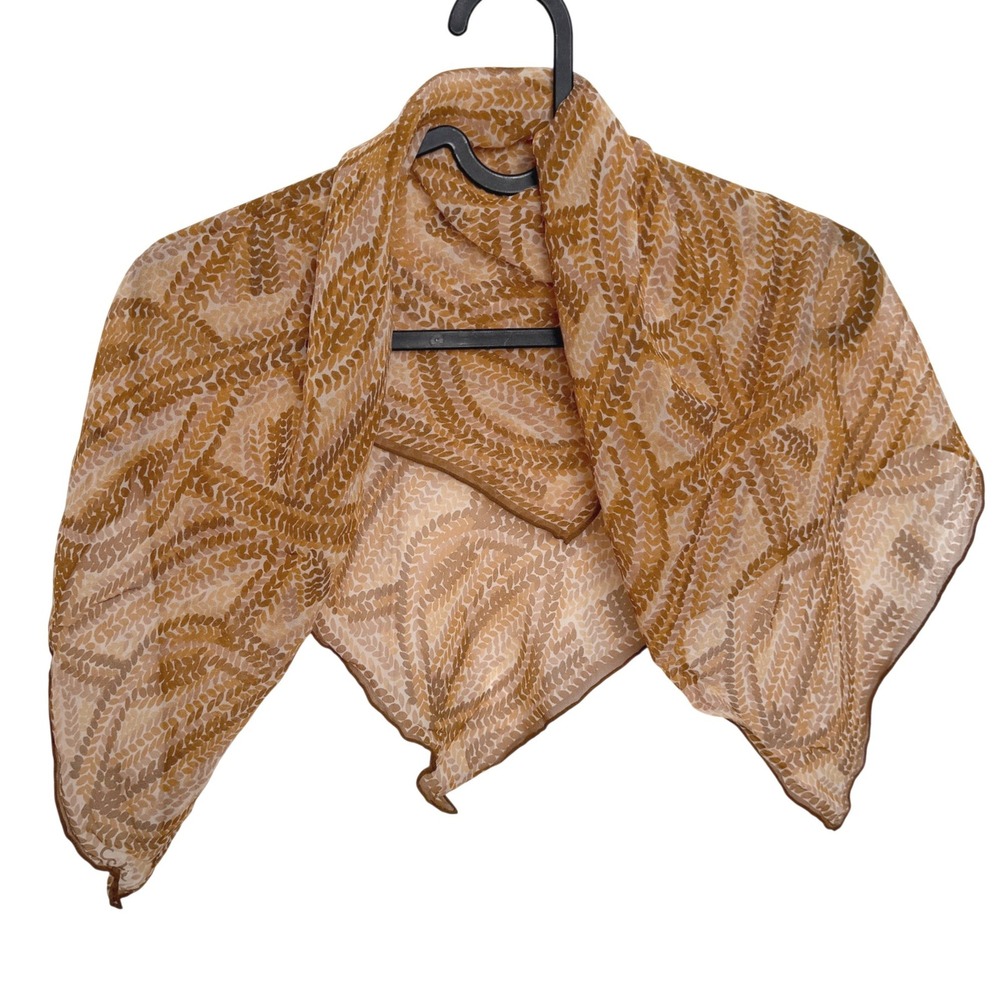 Vintage Wheat Print Square Scarf Brown Tan Sheer Lightweight Hair Wrap Boho Chic